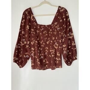 Madewell Sz 6 Lucie Smocked Burgundy Floral Puff-Sleeve Square Neck Blouse
